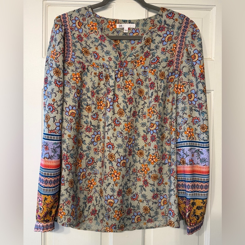 DR2 Sage Green Floral V-Neck Blouse with Orange & Light Blue Accents